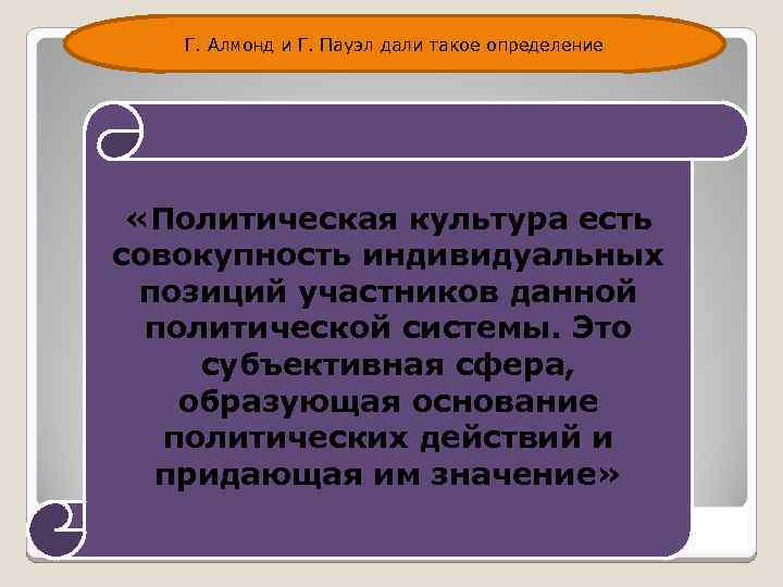 Г. Алмонд и Г. Пауэл дали такое определение «Политическая культура есть совокупность индивидуальных позиций