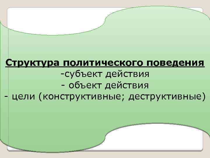Структура политического поведения -субъект действия - объект действия - цели (конструктивные; деструктивные) 