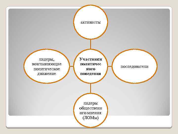активисты лидеры, возглавляющие политическое движение Участники политичес кого поведения лидеры общественн ого мнения (ЛОМы)