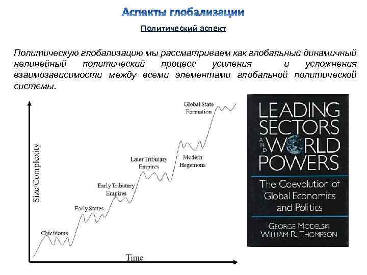 Политический аспект Политическую глобализацию мы рассматриваем как глобальный динамичный нелинейный политический процесс усиления и