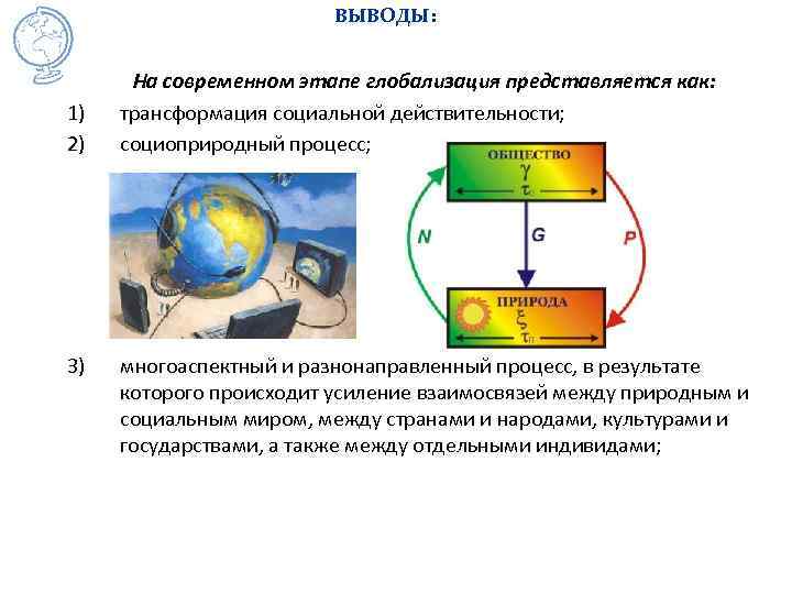 ВЫВОДЫ: 1) 2) 3) На современном этапе глобализация представляется как: трансформация социальной действительности; социоприродный