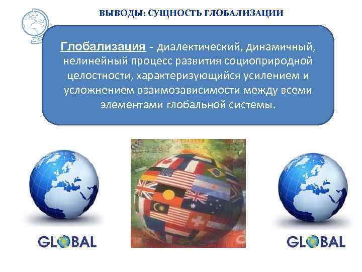 ВЫВОДЫ: СУЩНОСТЬ ГЛОБАЛИЗАЦИИ Глобализация - диалектический, динамичный, нелинейный процесс развития социоприродной целостности, характеризующийся усилением