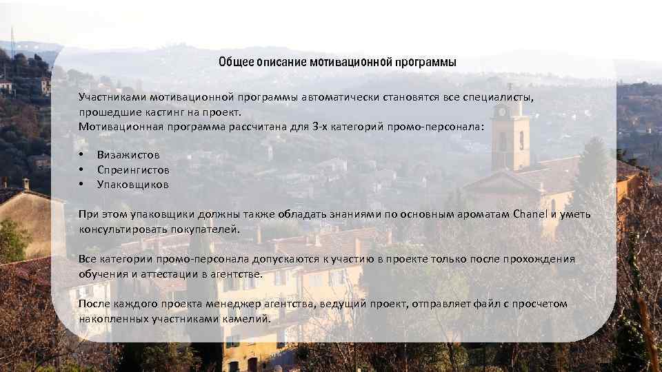Общее описание мотивационной программы Участниками мотивационной программы автоматически становятся все специалисты, прошедшие кастинг на