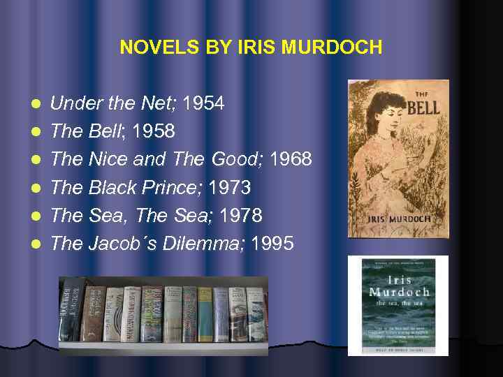 NOVELS BY IRIS MURDOCH l l l Under the Net; 1954 The Bell; 1958