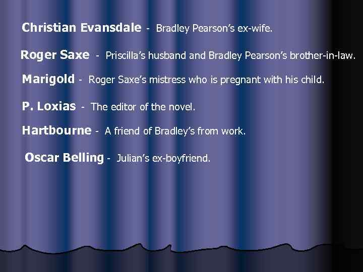 Christian Evansdale - Bradley Pearson’s ex-wife. Roger Saxe - Priscilla’s husband Bradley Pearson’s brother-in-law.