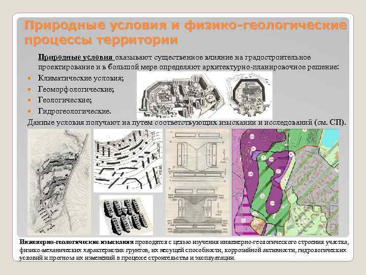 Природные условия и физико-геологические процессы территории Природные условия оказывают существенное влияние на градостроительное проектирование