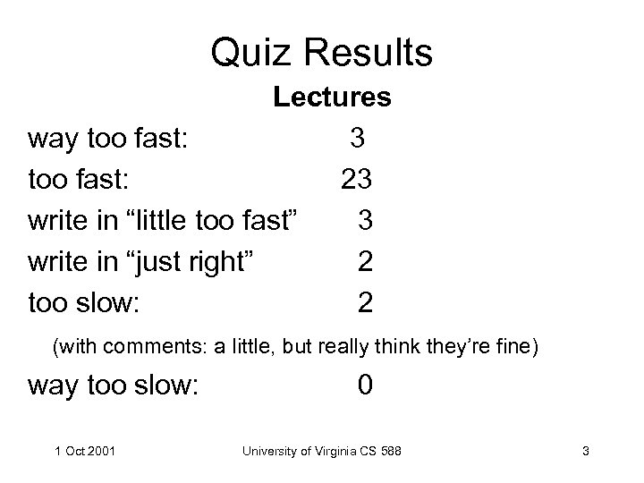 Quiz Results Lectures way too fast: 3 too fast: 23 write in “little too