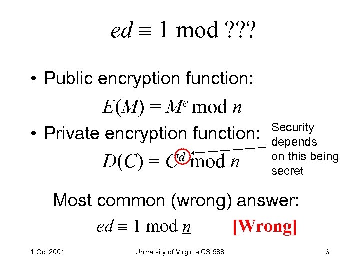 ed 1 mod ? ? ? • Public encryption function: E(M) = Me mod