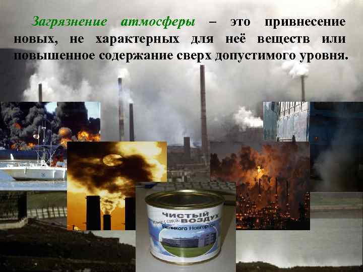Загрязнение атмосферы – это привнесение новых, не характерных для неё веществ или повышенное содержание
