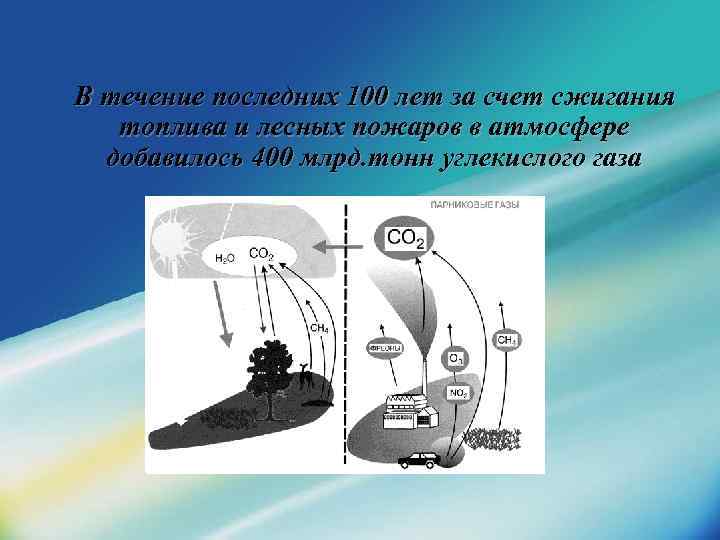 В течение последних 100 лет за счет сжигания топлива и лесных пожаров в атмосфере