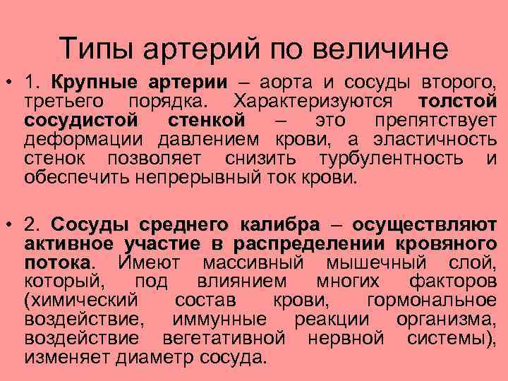 Типы артерий по величине • 1. Крупные артерии – аорта и сосуды второго, третьего