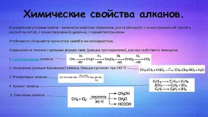 Химические свойства алканов. В нормальных условиях алканы – химически инертные соединения, они не реагируют