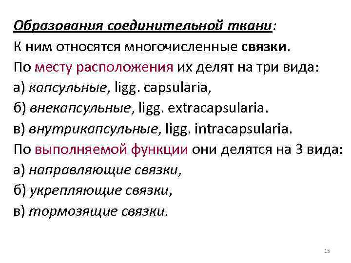 Образования соединительной ткани: К ним относятся многочисленные связки. По месту расположения их делят на