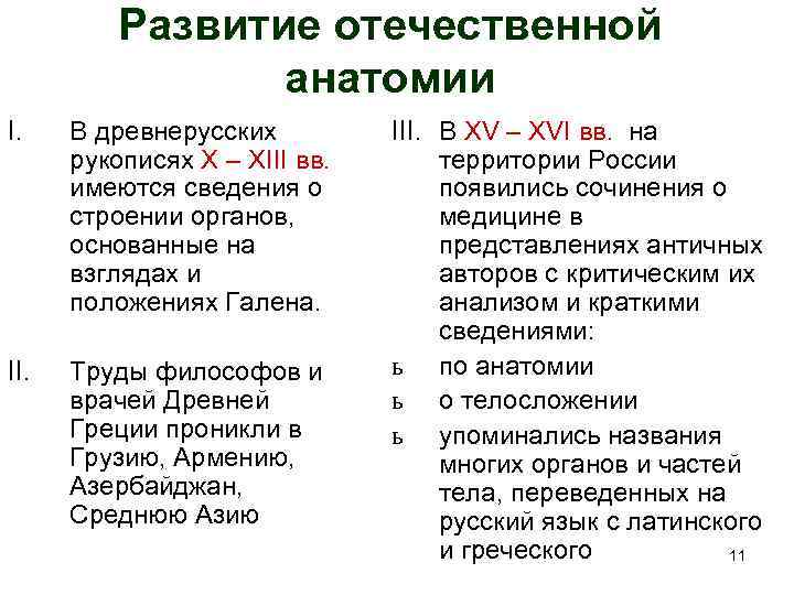 Развитие отечественной анатомии I. В древнерусских рукописях X – XIII вв. имеются сведения о