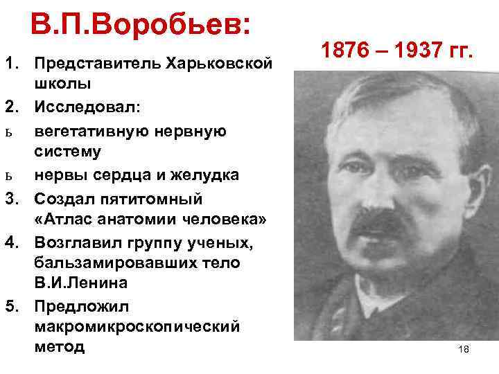 В. П. Воробьев: 1. Представитель Харьковской школы 2. Исследовал: ь вегетативную нервную систему ь