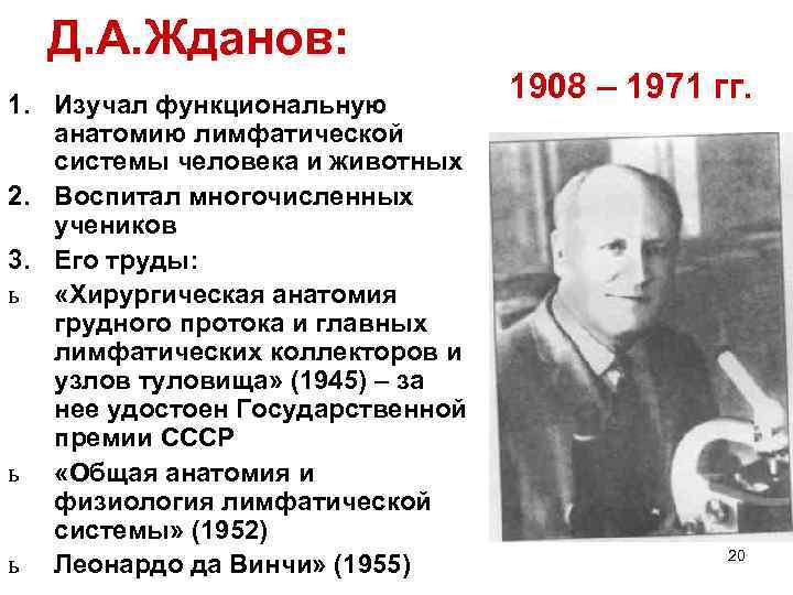 Д. А. Жданов: 1. Изучал функциональную анатомию лимфатической системы человека и животных 2. Воспитал