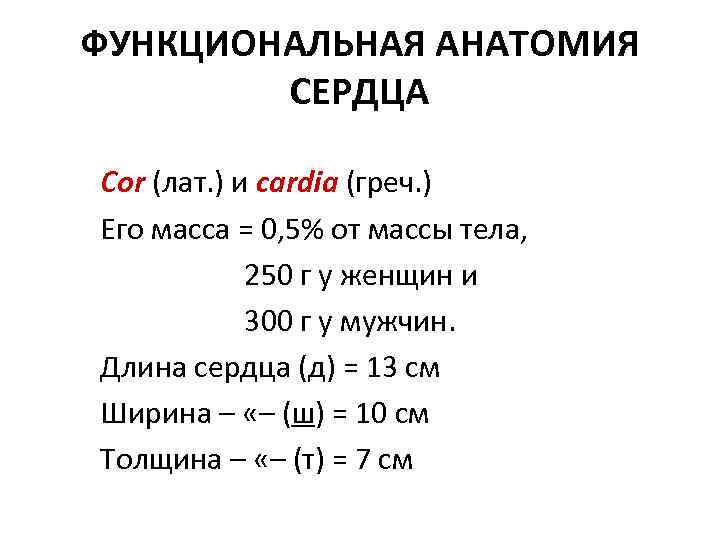 ФУНКЦИОНАЛЬНАЯ АНАТОМИЯ СЕРДЦА Cor (лат. ) и cardia (греч. ) Его масса = 0,