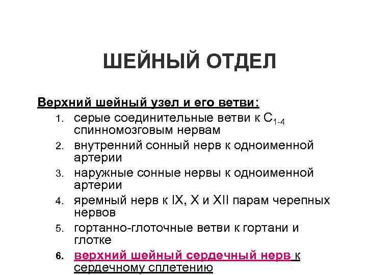 ШЕЙНЫЙ ОТДЕЛ Верхний шейный узел и его ветви: 1. серые соединительные ветви к С