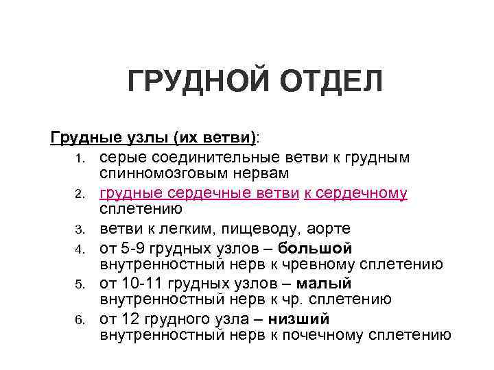 ГРУДНОЙ ОТДЕЛ Грудные узлы (их ветви): 1. серые соединительные ветви к грудным спинномозговым нервам