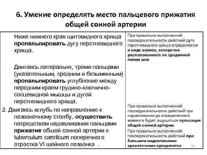 6. Умение определять место пальцевого прижатия общей сонной артерии 1. Ниже нижнего края щитовидного