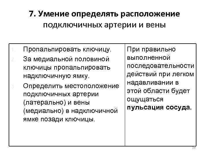 7. Умение определять расположение подключичных артерии и вены 1. 2. 3. Пропальпировать ключицу. За