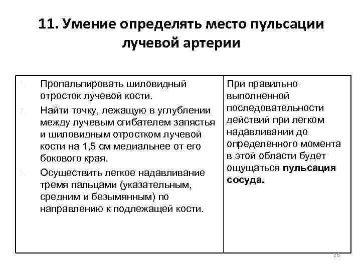 11. Умение определять место пульсации лучевой артерии 1. 2. 3. Пропальпировать шиловидный отросток лучевой