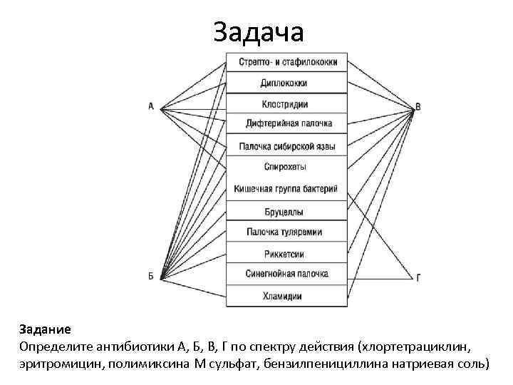 Задача Задание Определите антибиотики А, Б, В, Г по спектру действия (хлортетрациклин, эритромицин, полимиксина