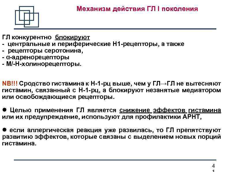  Механизм действия ГЛ I поколения ГЛ конкурентно блокируют - центральные и периферические Н
