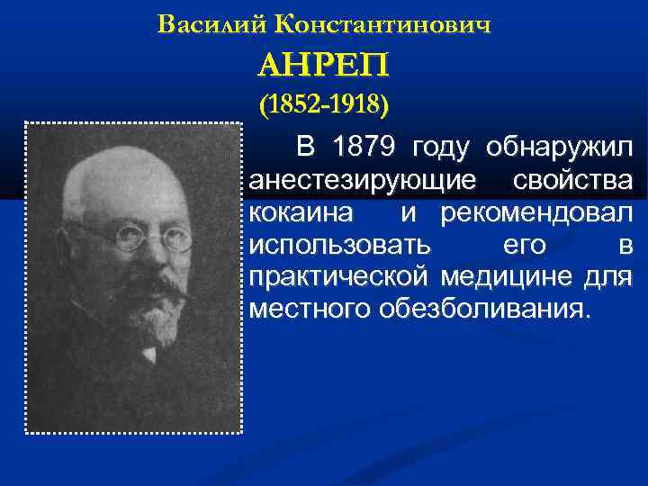 Василий Константинович АНРЕП (1852 -1918) В 1879 году обнаружил анестезирующие свойства кокаина и рекомендовал