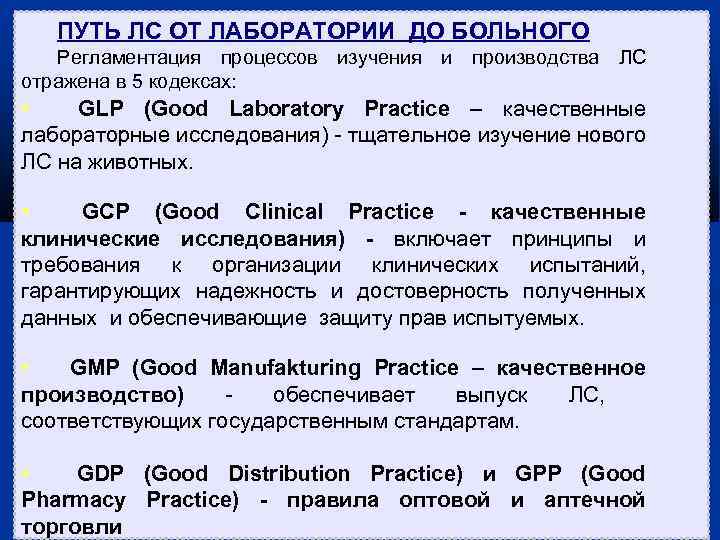 ПУТЬ ЛС ОТ ЛАБОРАТОРИИ ДО БОЛЬНОГО Регламентация процессов изучения и производства ЛС отражена в