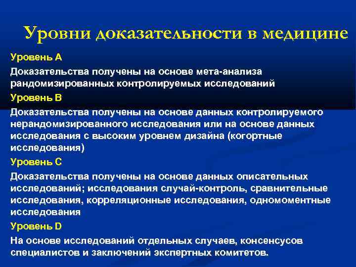 Уровни доказательности в медицине Уровень А Доказательства получены на основе мета-анализа рандомизированных контролируемых исследований