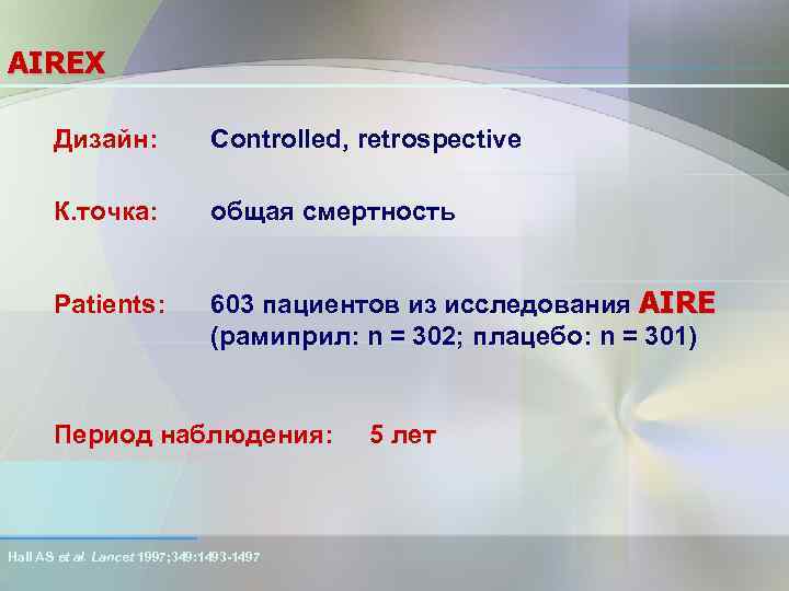 AIREX Дизайн: Controlled, retrospective К. точка: общая смертность Patients: 603 пациентов из исследования AIRE