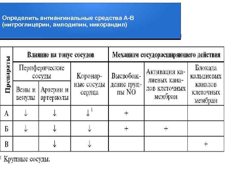 Определить антиангинальные средства А-В (нитроглицерин, амлодипин, никорандил) 