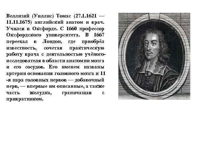 Веллизий (Уиллис) Томас (27. 1. 1621 — 11. 1675) английский анатом и врач. Учился