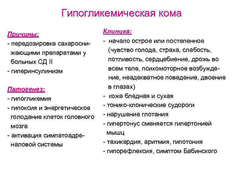 Гипогликемическая кома Причины: - передозировка сахароснижающими препаратами у больных СД II - гиперинсулинизм Патогенез: