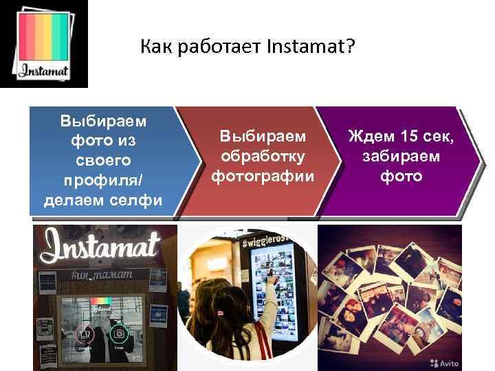 Как работает Instamat? Выбираем фото из своего профиля/ делаем селфи Выбираем обработку фотографии Ждем