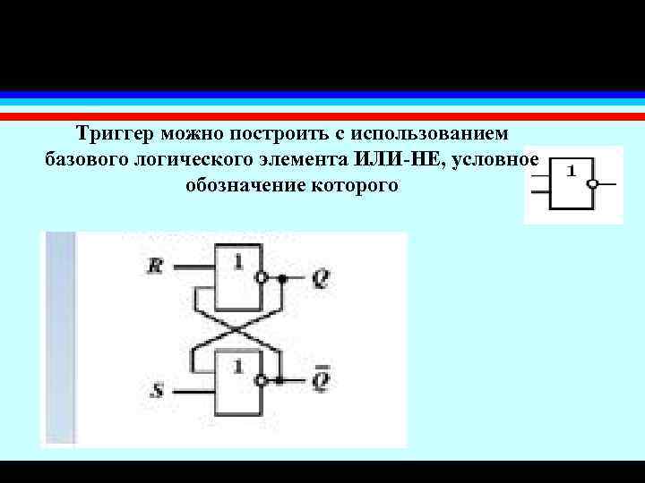 Триггер можно построить с использованием базового логического элемента ИЛИ-НЕ, условное обозначение которого 