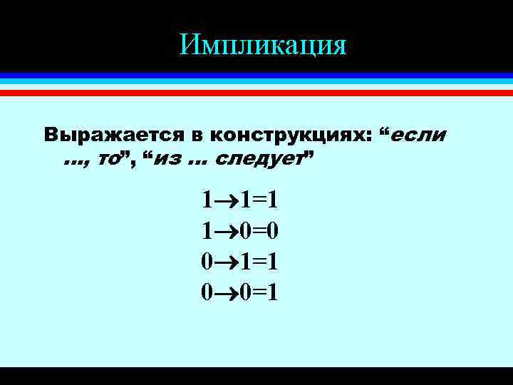 Импликация Выражается в конструкциях: “если. . . , то”, “из. . . следует” 1