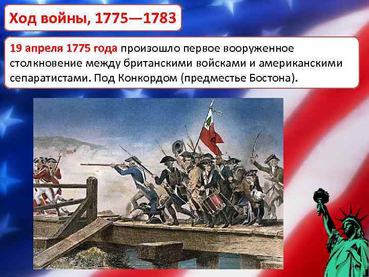 Ход войны, 1775— 1783 19 апреля 1775 года произошло первое вооруженное 19 апреля 1775