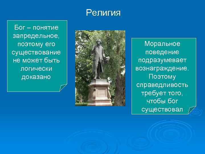 Религия Бог – понятие запредельное, поэтому его существование не может быть логически доказано Моральное