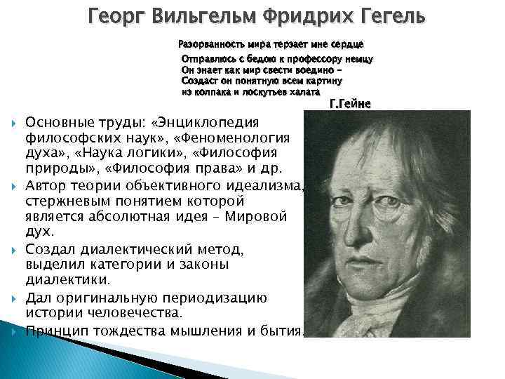 Георг Вильгельм Фридрих Гегель Разорванность мира терзает мне сердце Отправлюсь с бедою к профессору