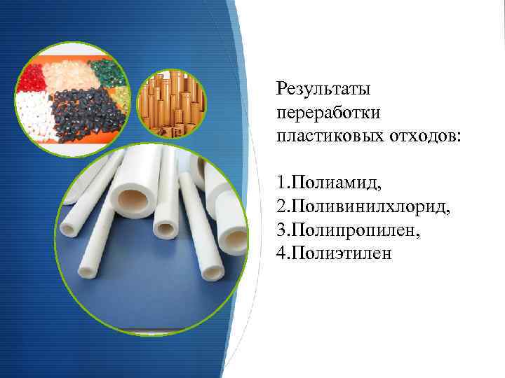 Результаты переработки пластиковых отходов: 1. Полиамид, 2. Поливинилхлорид, 3. Полипропилен, 4. Полиэтилен 