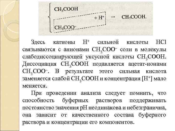 Здесь катионы Н+ сильной кислоты НСl связываются с анионами СН 3 СОО– соли в