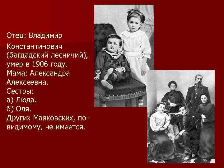 Отец: Владимир Константинович (багдадский лесничий), умер в 1906 году. Мама: Александра Алексеевна. Сестры: а)