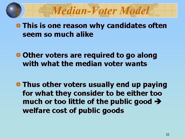 Median-Voter Model This is one reason why candidates often seem so much alike Other