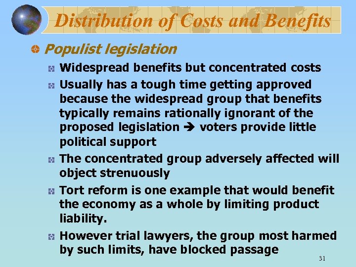 Distribution of Costs and Benefits Populist legislation Widespread benefits but concentrated costs Usually has