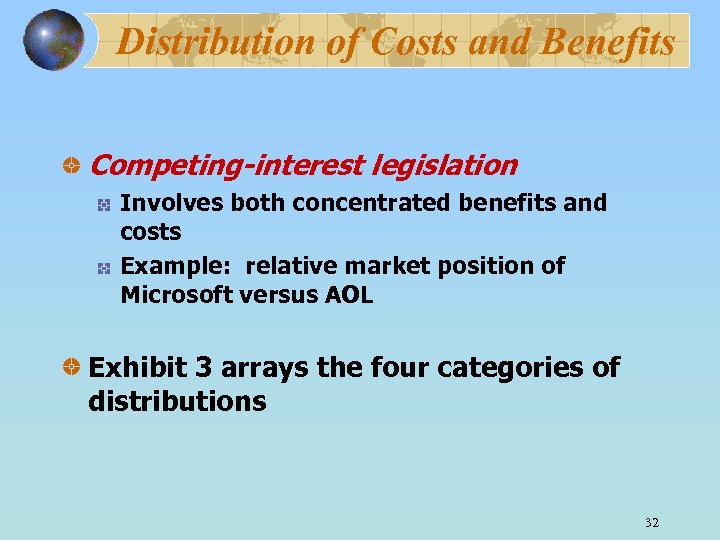 Distribution of Costs and Benefits Competing-interest legislation Involves both concentrated benefits and costs Example: