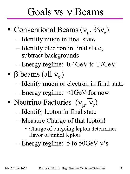 Goals vs Beams § Conventional Beams ( m, % e) – Identify muon in