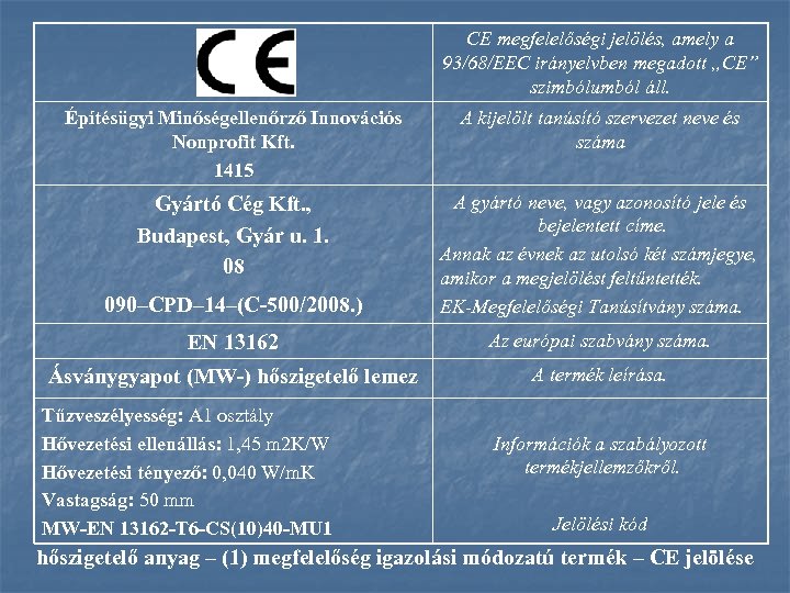 CE megfelelőségi jelölés, amely a 93/68/EEC irányelvben megadott „CE” szimbólumból áll. Építésügyi Minőségellenőrző Innovációs
