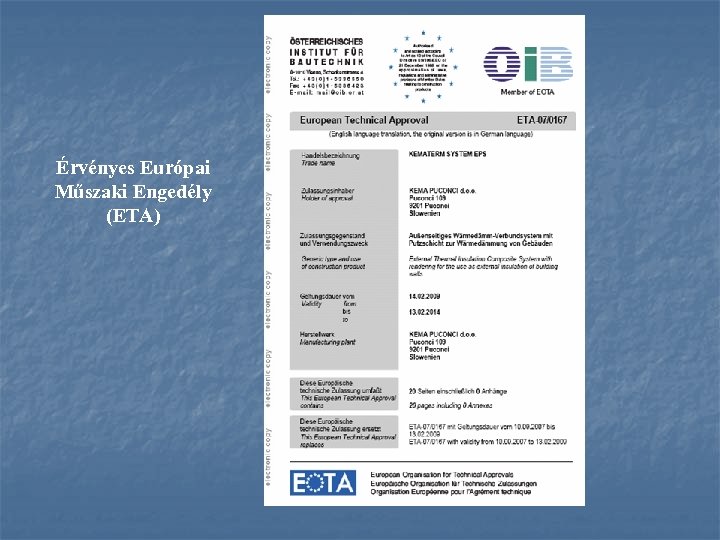 Érvényes Európai Műszaki Engedély (ETA) 